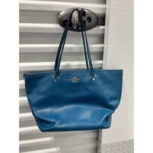 Coach City Tote Teal Blue Crossgrain Leather Zip Top Shoulder Bag Gold Hardware